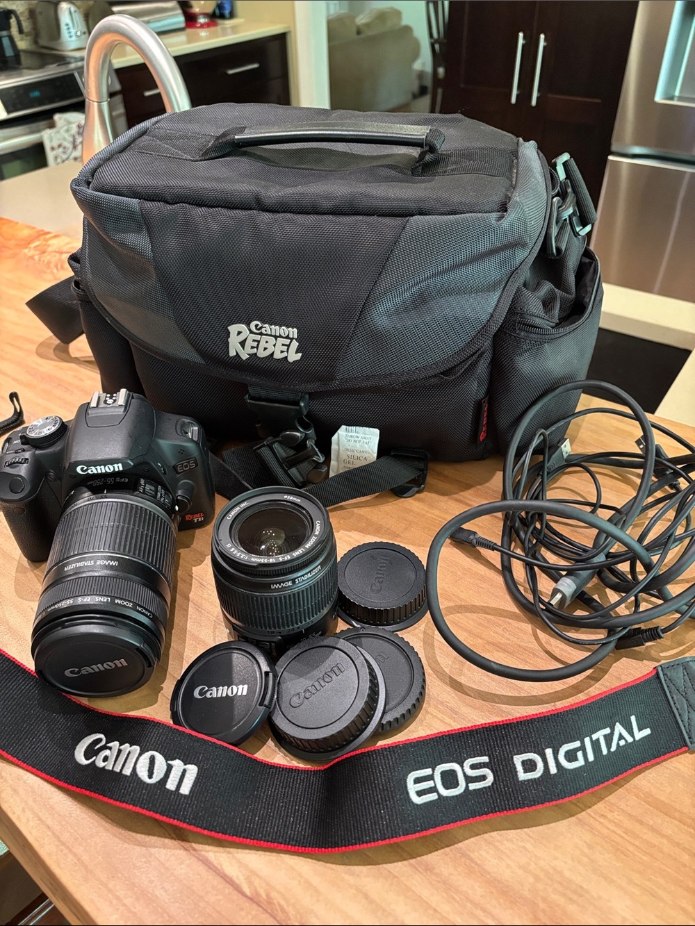 Canon Rebel DSLR with Black Camera Bag, Straps and Lenses